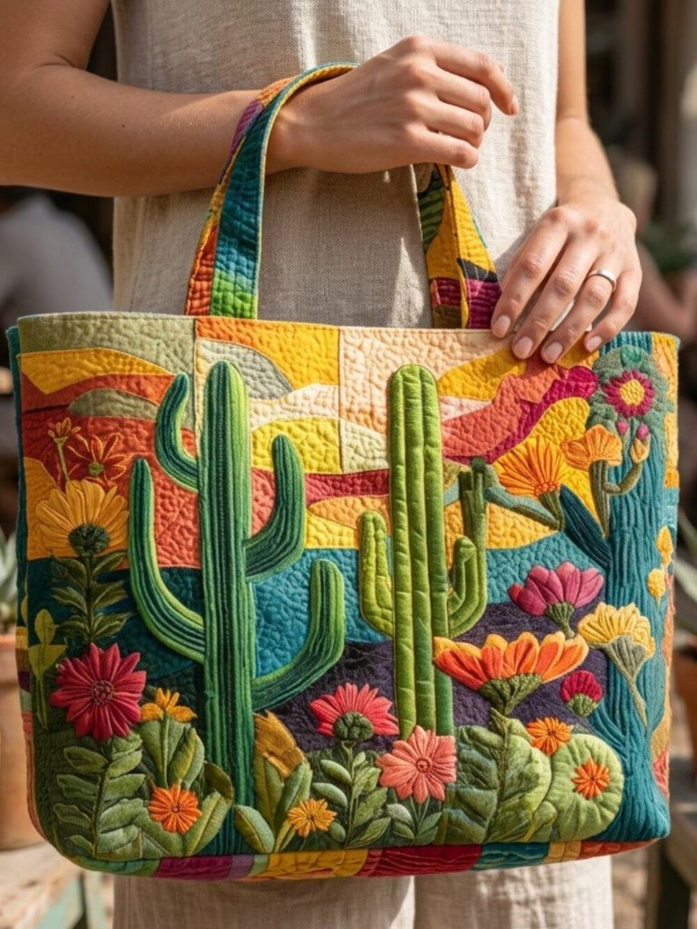 NWT Cactus Quilted Graphic Tote Bag 3D Effect Print Desert Sunset Handbag